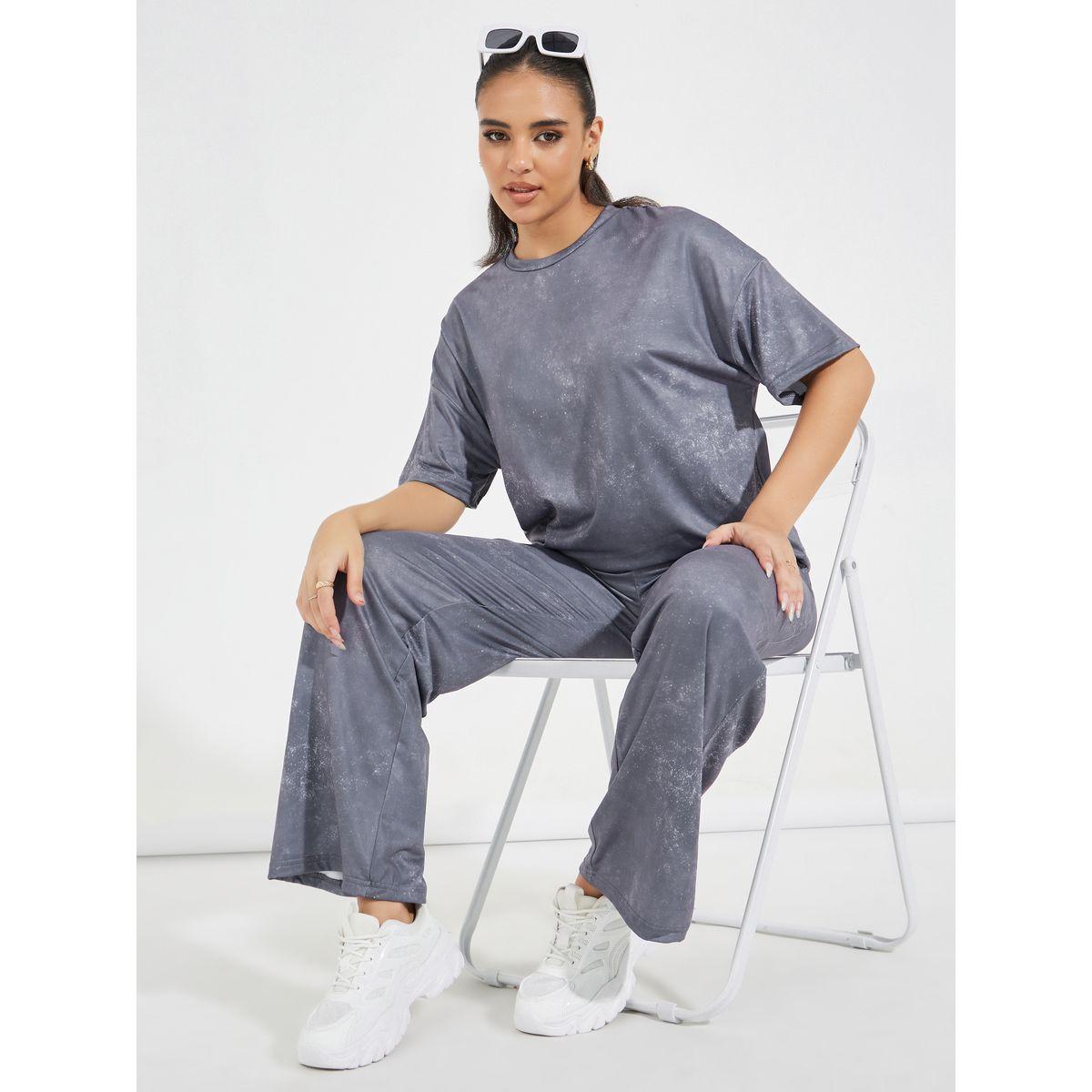 Styli Acid Washed Oversized T-Shirt & Pants Co-Ords-women-clothing-coordsets-image-1