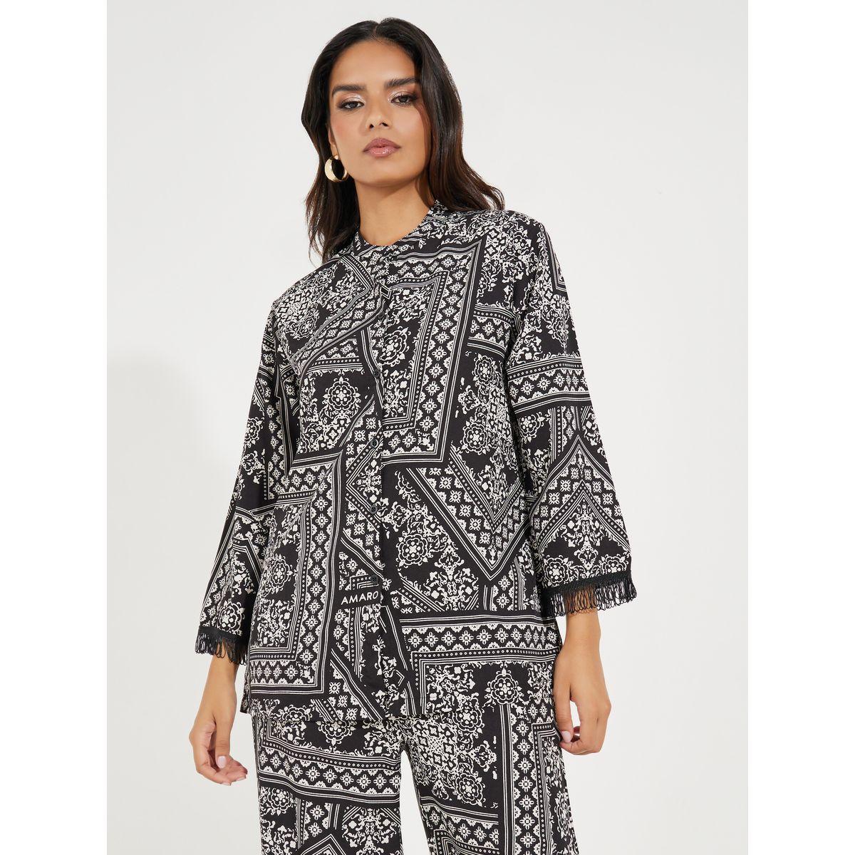 طقم منسق من بنطال مع بلوزة بطبعة وشاح-women-clothing-coordsets-image-2