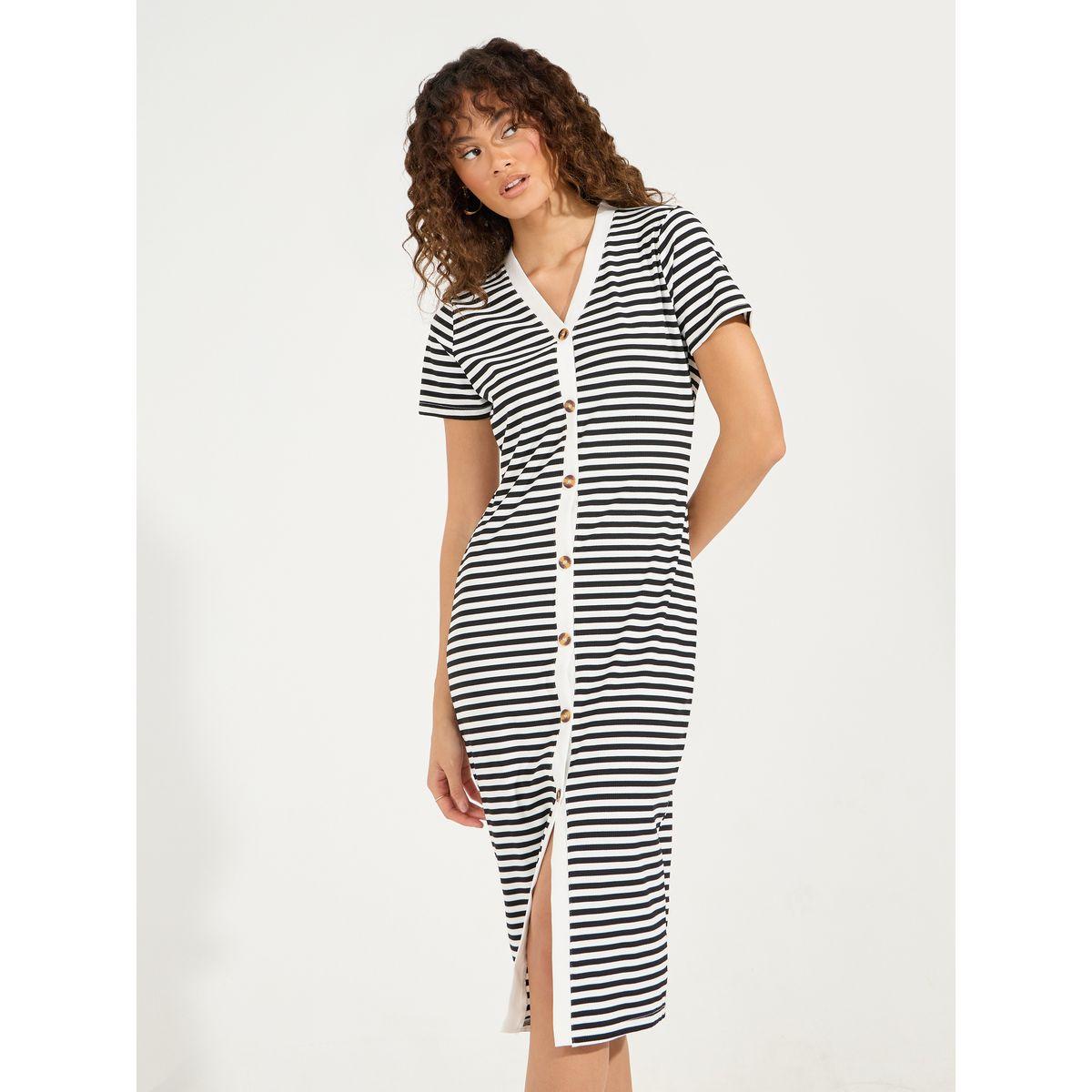 Styli Striped Button Detail T-Shirt Knee Length Dress-women-clothing-dresses-image-2