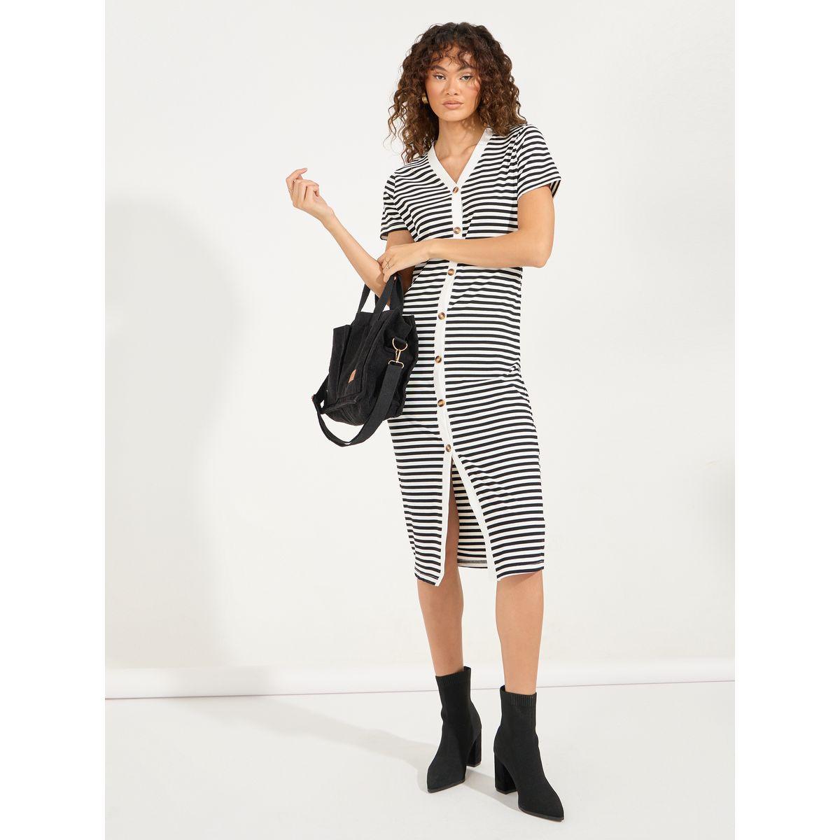 Styli Striped Button Detail T-Shirt Knee Length Dress-women-clothing-dresses-image-4