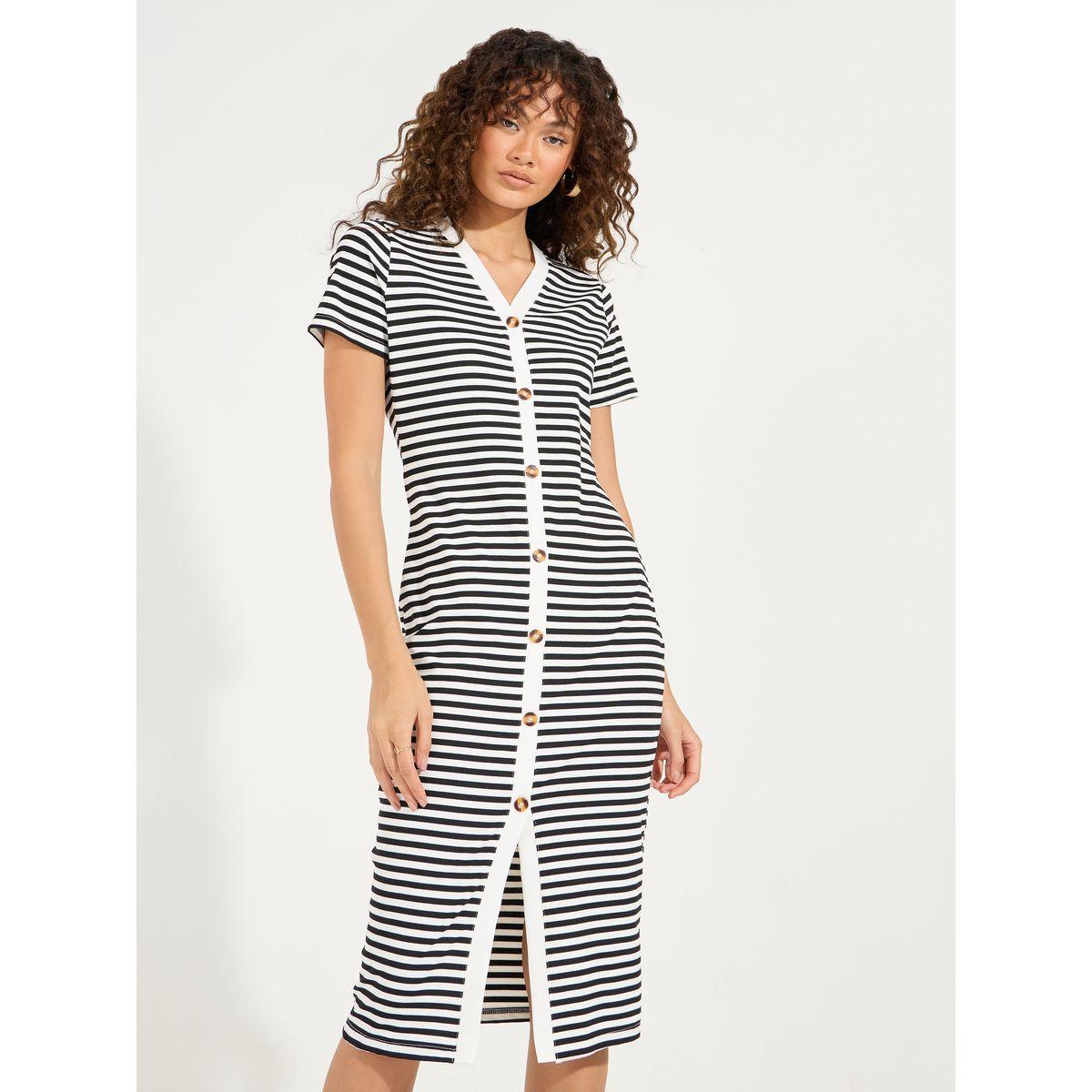 Styli Striped Button Detail T-Shirt Knee Length Dress-women-clothing-dresses-image-5