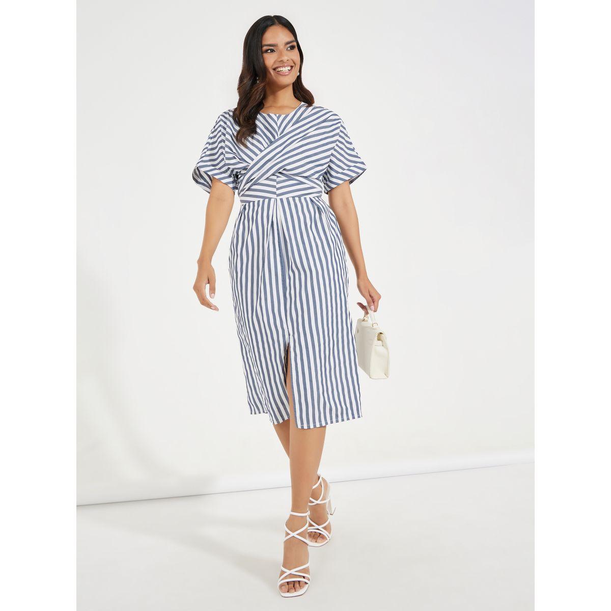 Styli Striped Short Sleeves Wrap Over Midi Dress-women-clothing-dresses-image-1