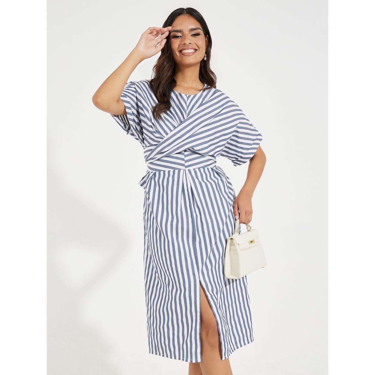 Styli Striped Short Sleeves Wrap Over Midi Dress-women-clothing-dresses-image-2