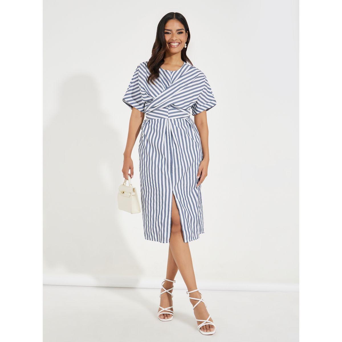 فستان ميدي مخطط بنمط لف وأكمام قصيرة-women-clothing-dresses-image-4