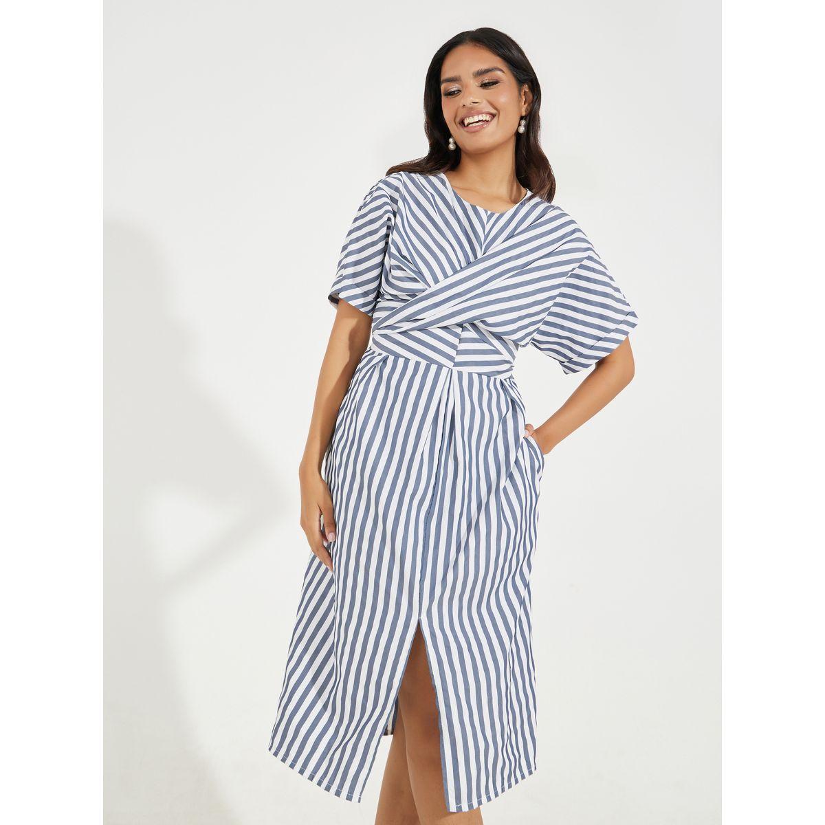 Styli Striped Short Sleeves Wrap Over Midi Dress-women-clothing-dresses-image-5