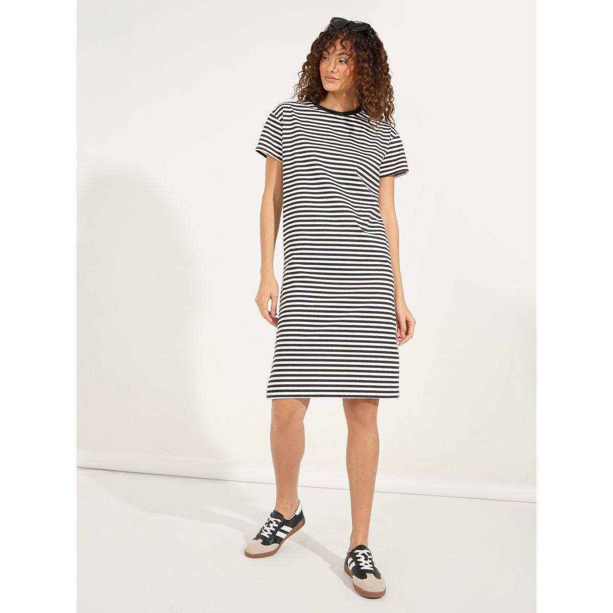 Styli Striped Cold Shoulder T-Shirt Knee Length Dress-women-clothing-dresses-image-1