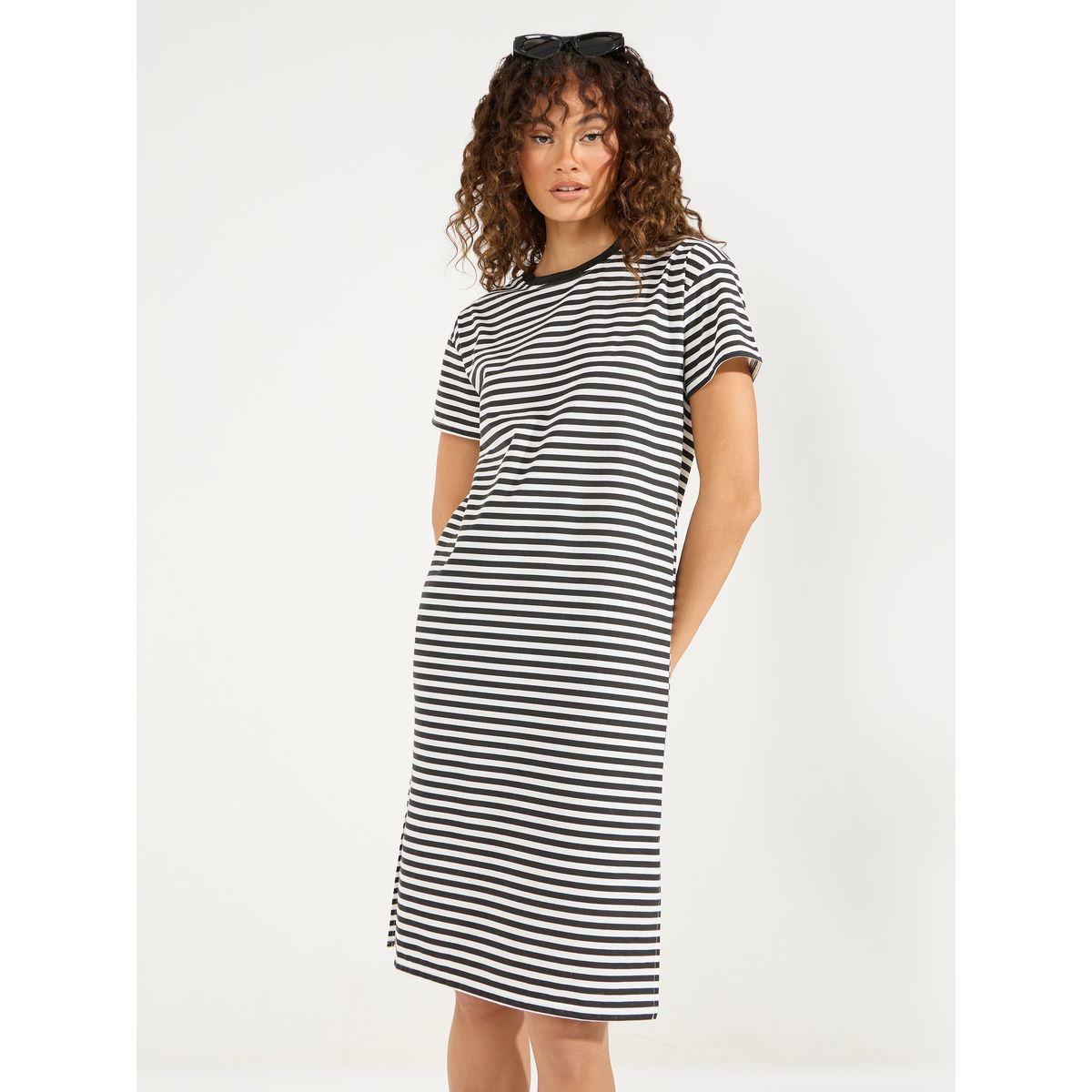 Styli Striped Cold Shoulder T-Shirt Knee Length Dress-women-clothing-dresses-image-2