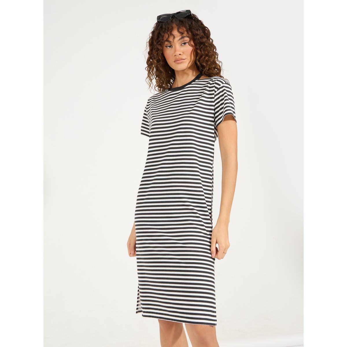 Styli Striped Cold Shoulder T-Shirt Knee Length Dress-women-clothing-dresses-image-5