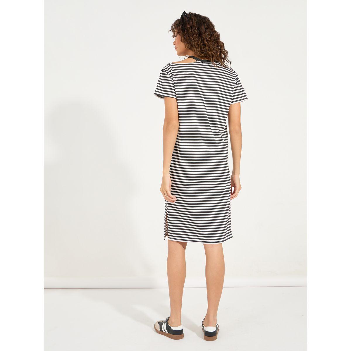 Styli Striped Cold Shoulder T-Shirt Knee Length Dress-women-clothing-dresses-image-6