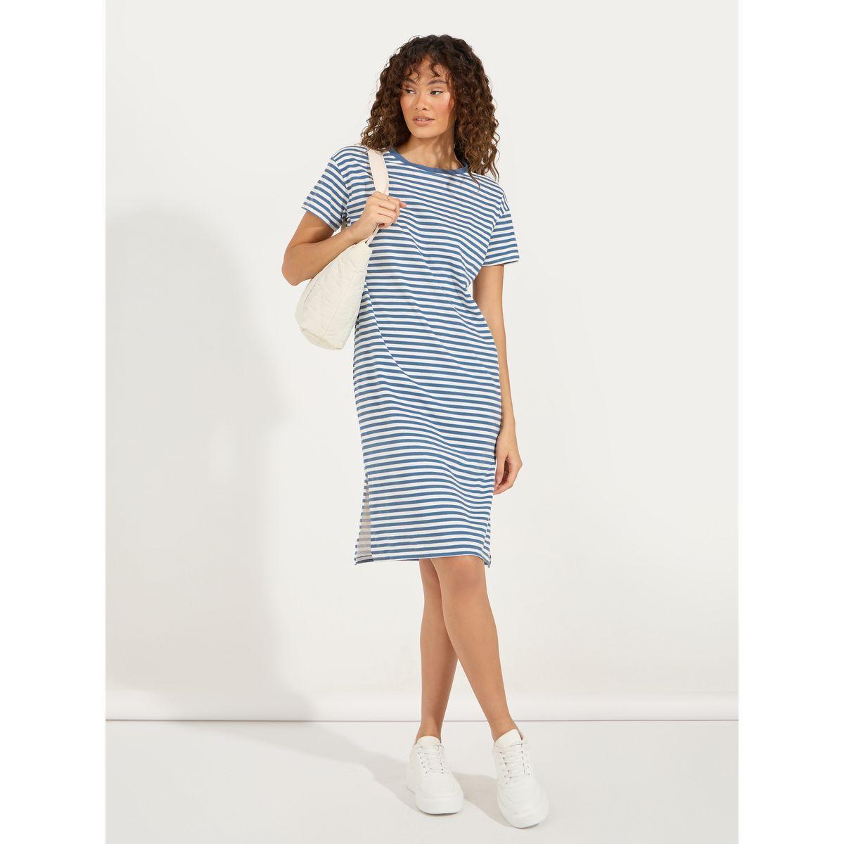 فستان مخطط بطول الركبة وأكتاف مكشوفة-women-clothing-dresses-image-1