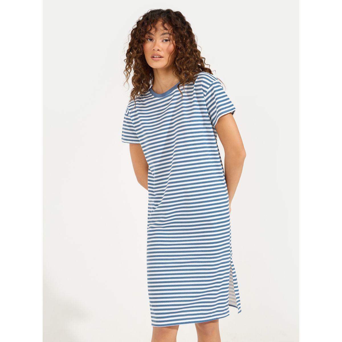 فستان مخطط بطول الركبة وأكتاف مكشوفة-women-clothing-dresses-image-2