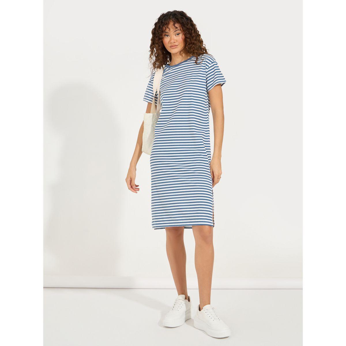 Styli Striped Cold Shoulder T-Shirt Knee Length Dress-women-clothing-dresses-image-4
