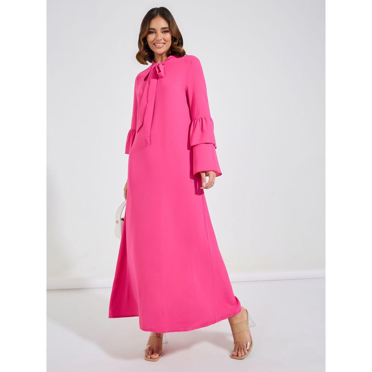 فستان طويل سادة باكمام كشكش وياقة بأربطة-women-clothing-dresses-image-1