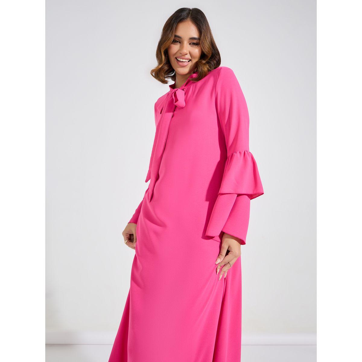 فستان طويل سادة باكمام كشكش وياقة بأربطة-women-clothing-dresses-image-4