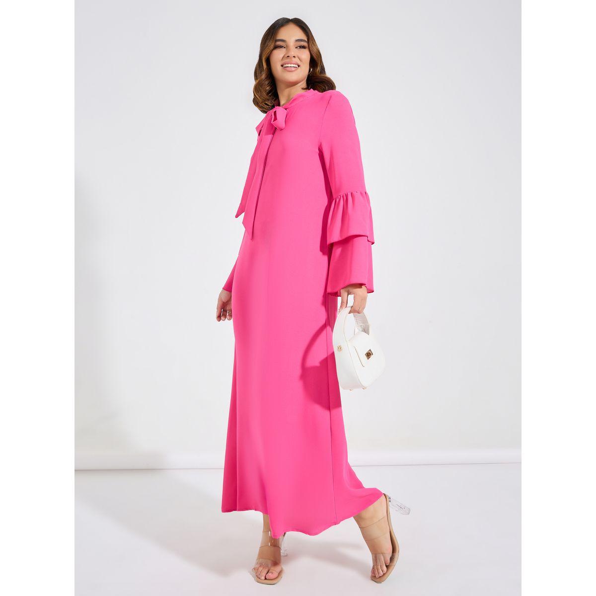 فستان طويل سادة باكمام كشكش وياقة بأربطة-women-clothing-dresses-image-5