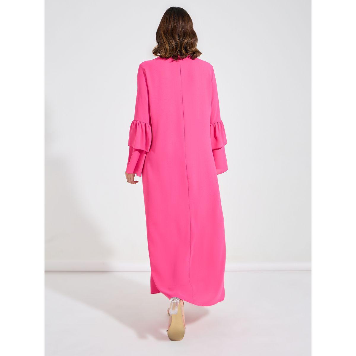 فستان طويل سادة باكمام كشكش وياقة بأربطة-women-clothing-dresses-image-6