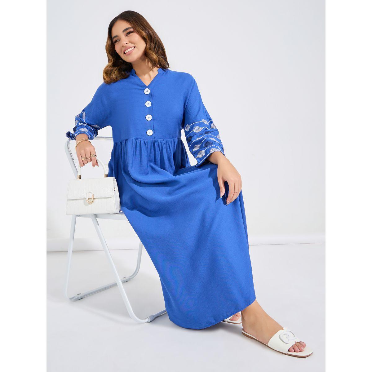 Styli Embroidery Detail Notch Neck Maxi Dress-women-clothing-dresses-image-1