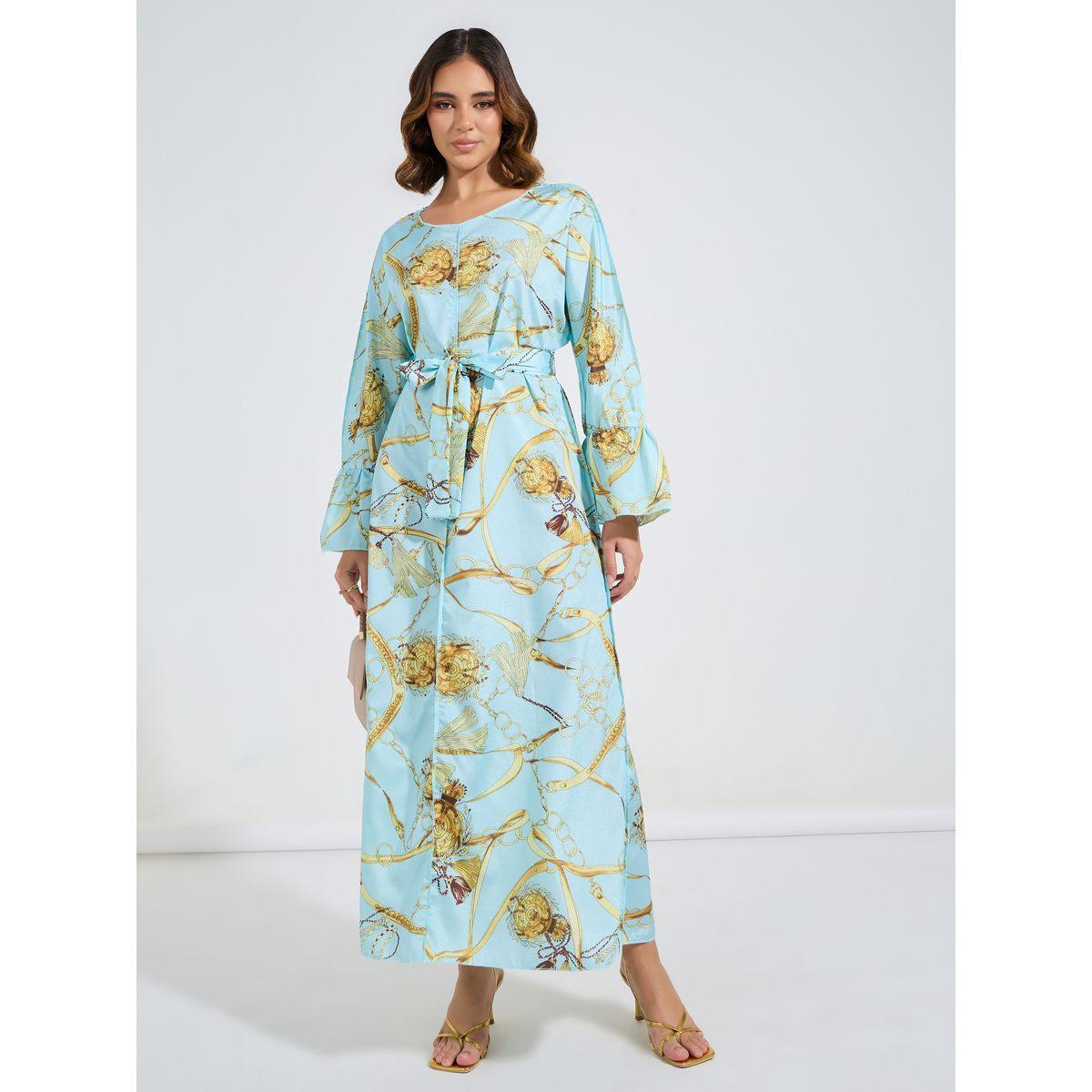 Styli Chain Print Jalabiya with Tie Belt-women-arabicclothing-jalabiyas-image-1