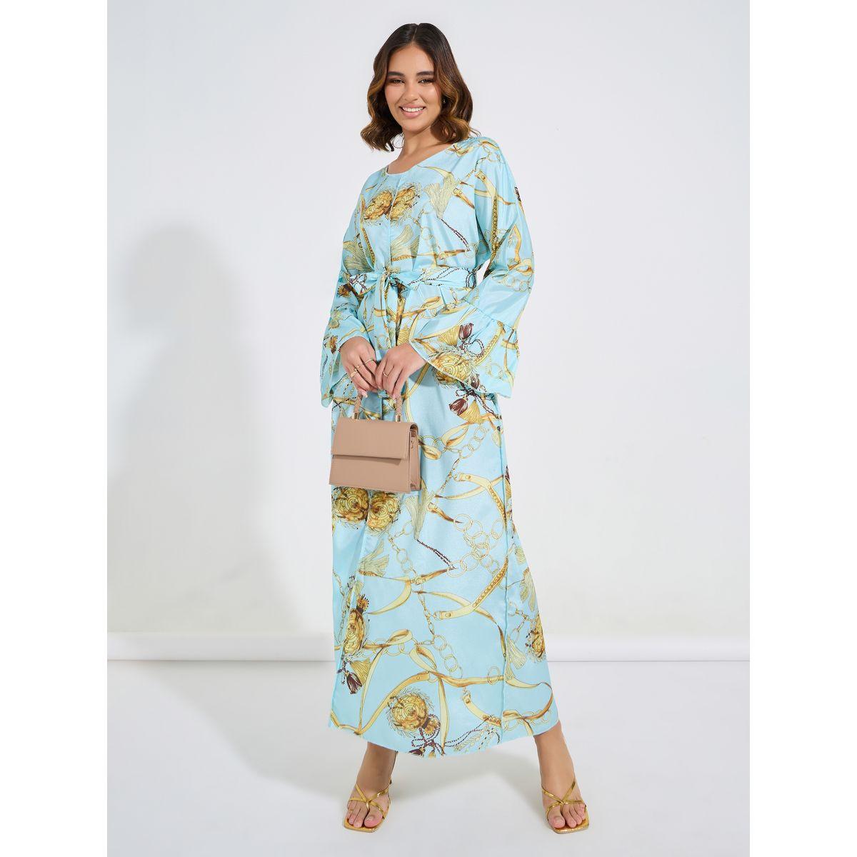 Styli Chain Print Jalabiya with Tie Belt-women-arabicclothing-jalabiyas-image-4