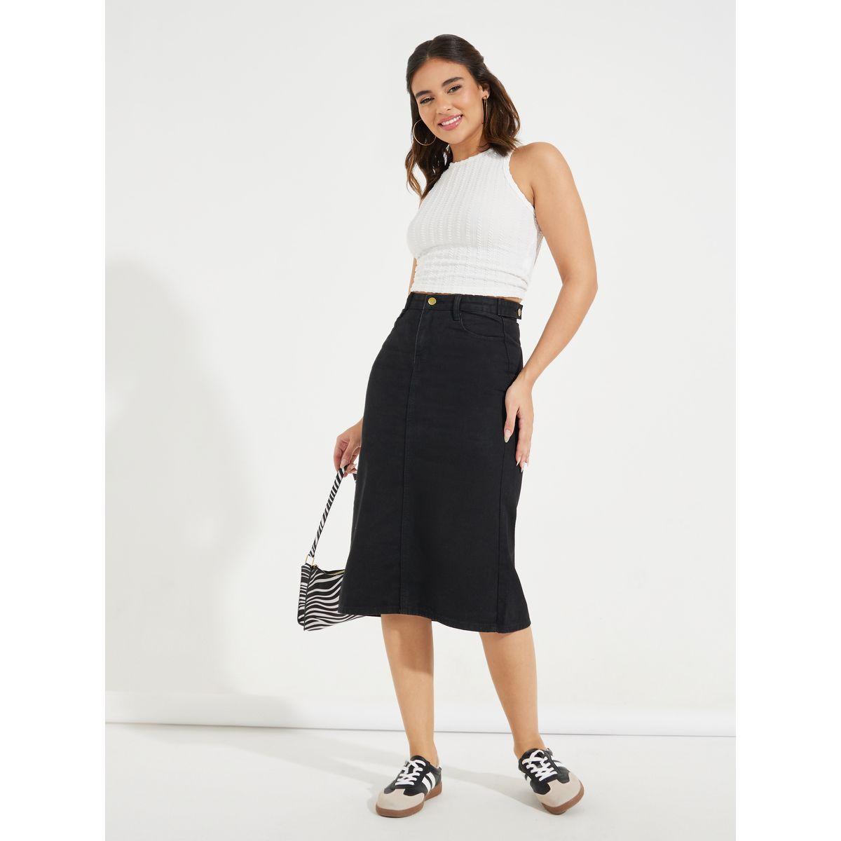 Styli Solid Denim Midi Skirt with Back Slit-women-clothing-bottoms-skirts-image-1