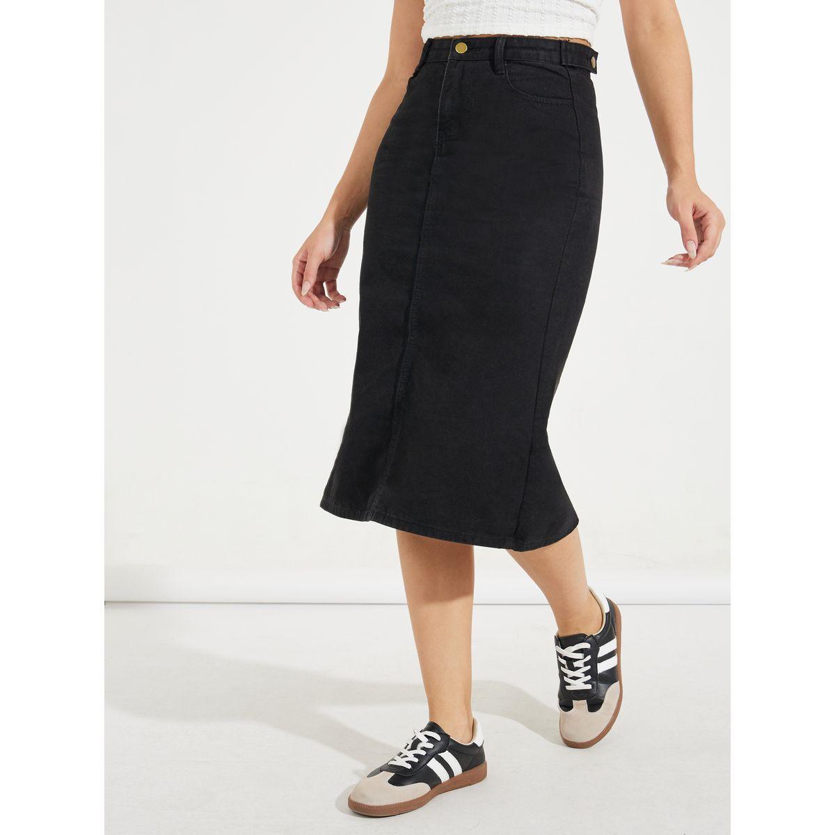 Styli Solid Denim Midi Skirt with Back Slit-women-clothing-bottoms-skirts-image-2