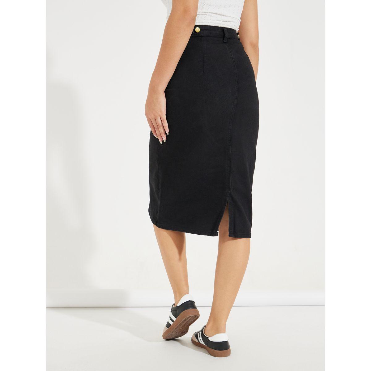 Styli Solid Denim Midi Skirt with Back Slit-women-clothing-bottoms-skirts-image-4