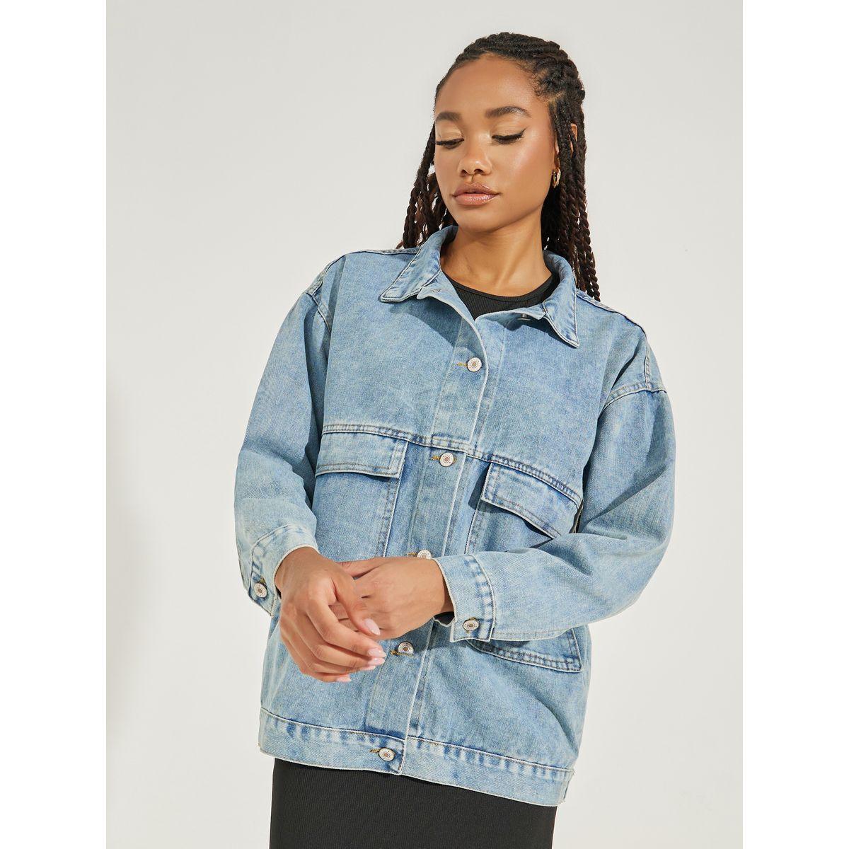 Shop Styli Oversized Denim Pocket Detail Denim Jacket Online