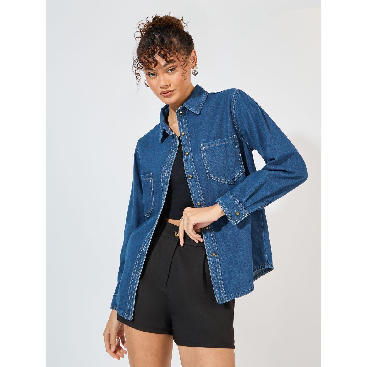 Styli Oversized Denim Shirt with Patch Pocket-women-clothing-shirtsandblouses-shirts-image-1