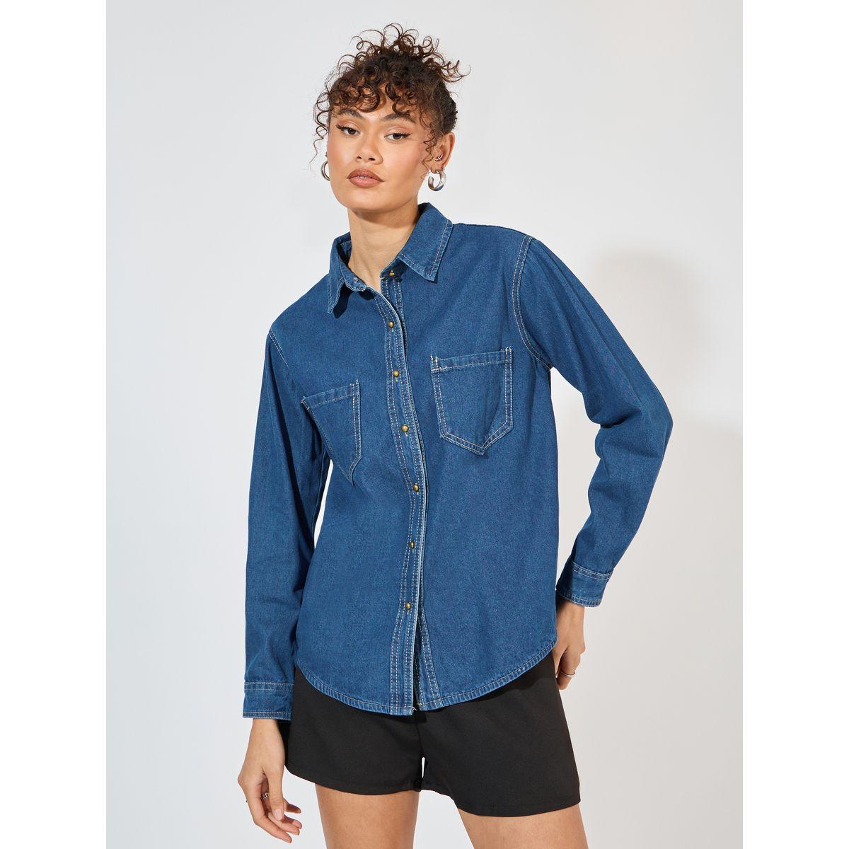 Styli Oversized Denim Shirt with Patch Pocket-women-clothing-shirtsandblouses-shirts-image-2