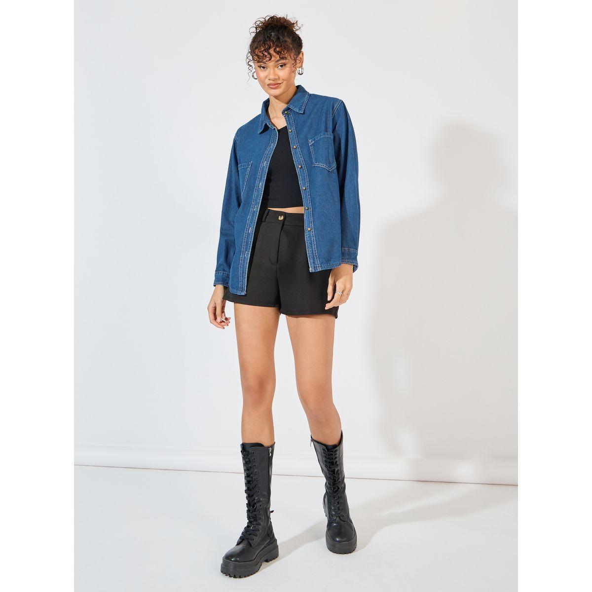 Styli Oversized Denim Shirt with Patch Pocket-women-clothing-shirtsandblouses-shirts-image-3