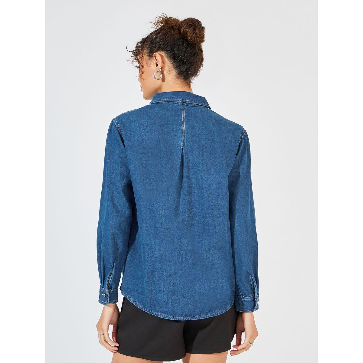 Styli Oversized Denim Shirt with Patch Pocket-women-clothing-shirtsandblouses-shirts-image-5