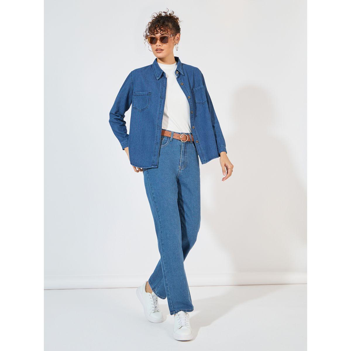 Styli Relaxed Fit Denim Shirt with Patch Pocket-women-clothing-shirtsandblouses-shirts-image-3