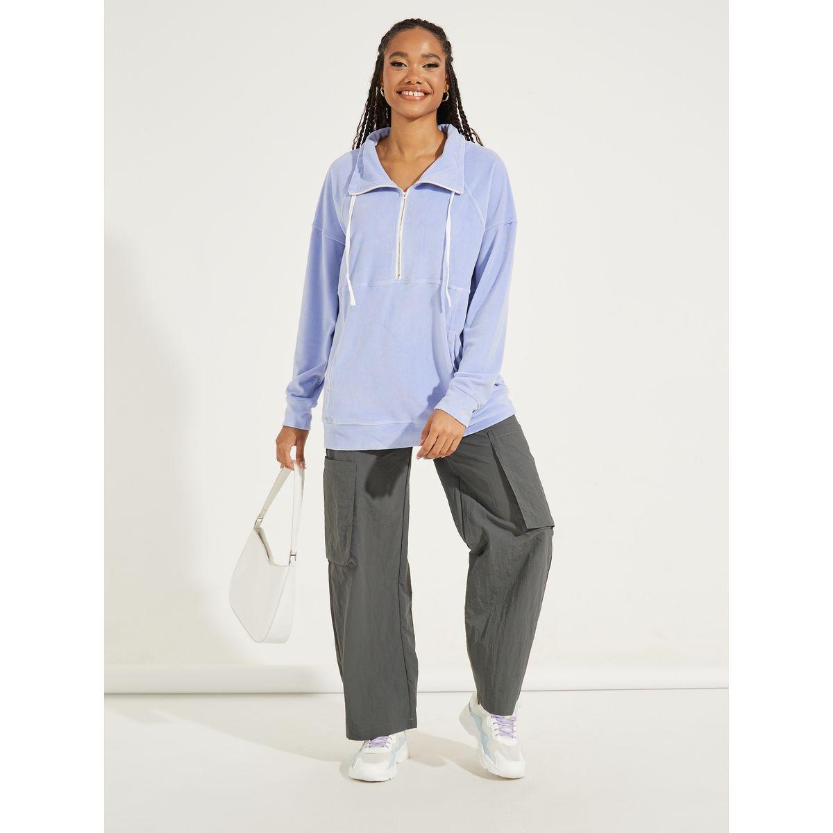 Styli Oversized Corduroy Sweatshirt with Zip Detail-women-winterwear-hoodiesandsweatshirts-sweatshirts-image-2