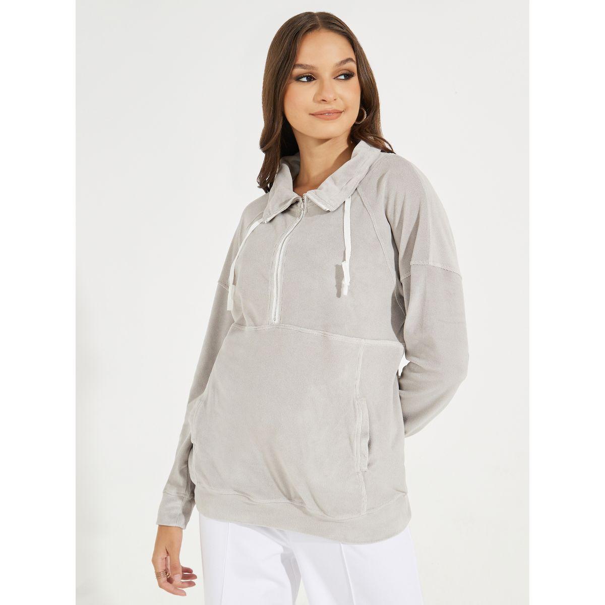 Styli Oversized Corduroy Sweatshirt with Zip Detail-women-winterwear-hoodiesandsweatshirts-sweatshirts-image-1
