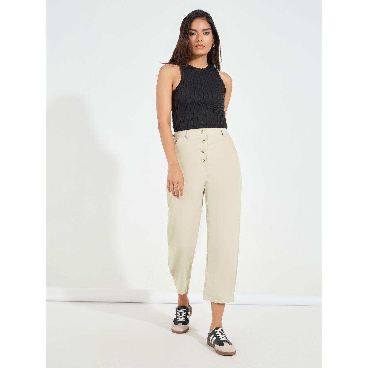 Styli Elastic Back Tapered Pants with Buttons-women-clothing-bottoms-trousers-image-1
