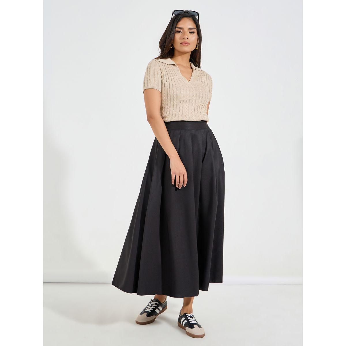 Styli Solid Box Pleated Flared Maxi Skirt-women-clothing-bottoms-skirts-image-1