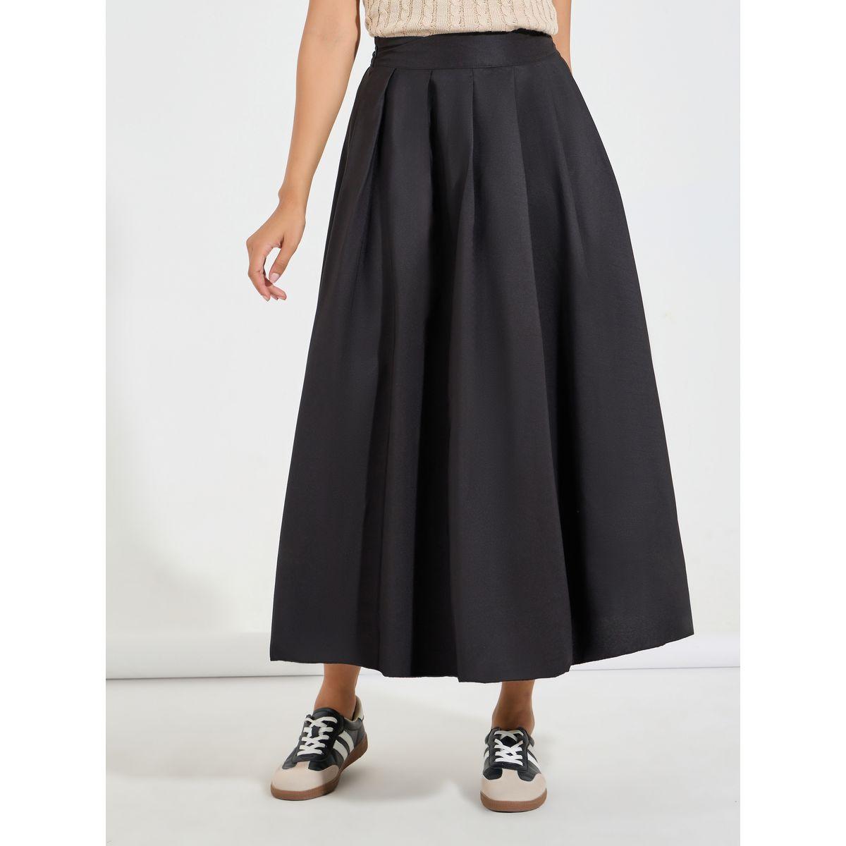 Styli Solid Box Pleated Flared Maxi Skirt-women-clothing-bottoms-skirts-image-2