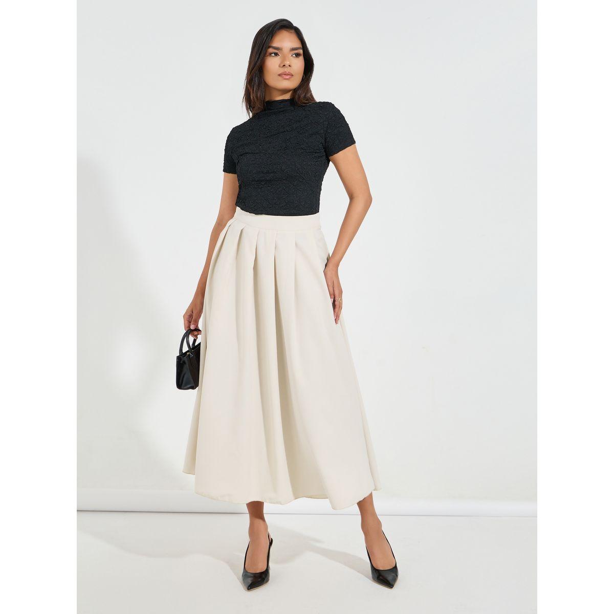 Styli Solid Box Pleated Flared Maxi Skirt-women-clothing-bottoms-skirts-image-1