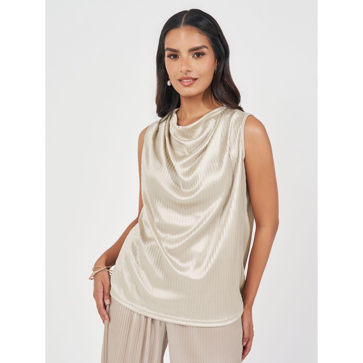 بلوزة مضلعة بلا أكمام مع ياقة منسدلة-women-clothing-shirtsandblouses-blouses-image-1