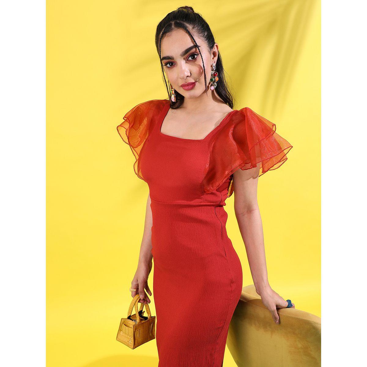 Campus Sutra X Styli  Ruffled Organza Sleeve Bodycon Midi Dress-women-clothing-dresses-image-1