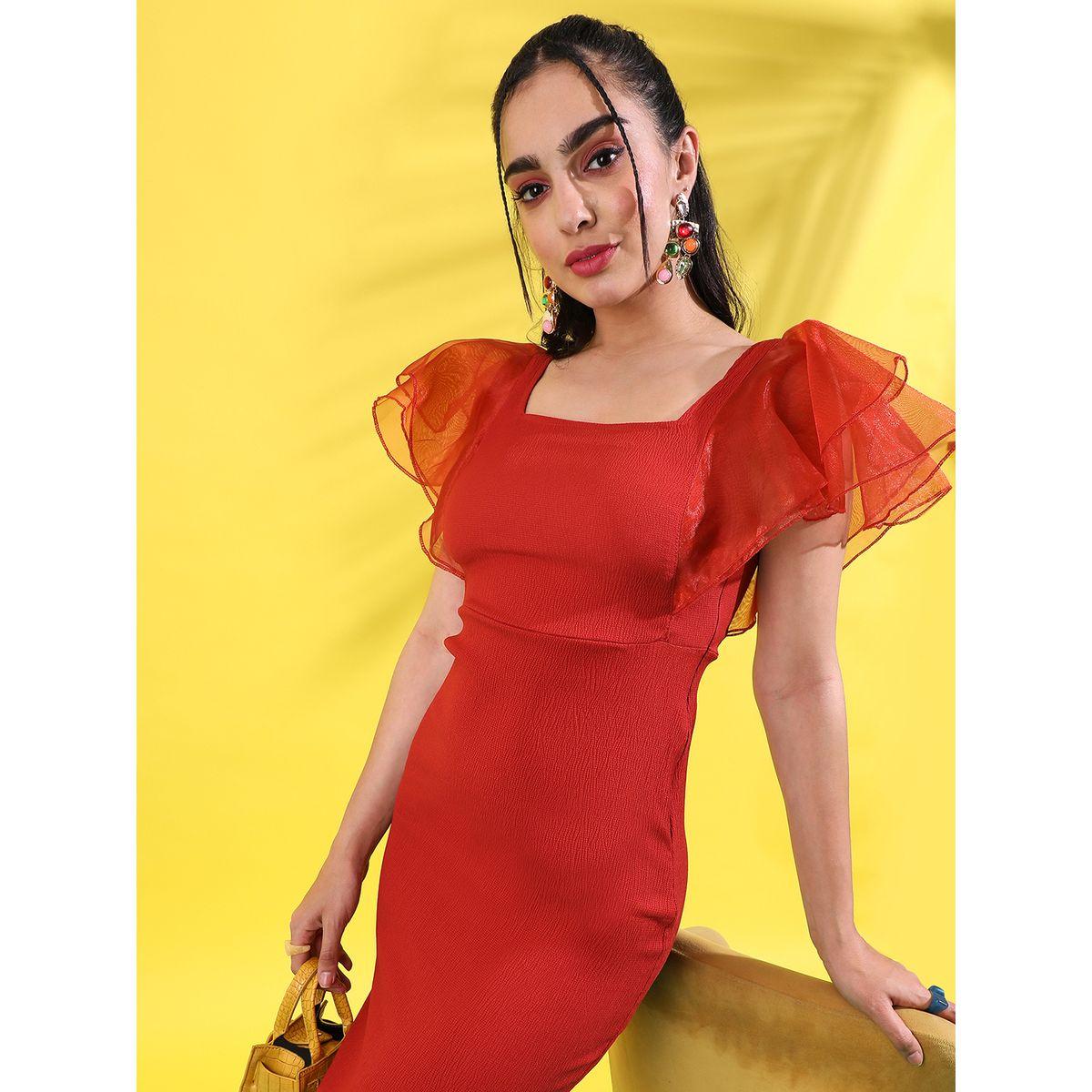 Campus Sutra X Styli  Ruffled Organza Sleeve Bodycon Midi Dress-women-clothing-dresses-image-2