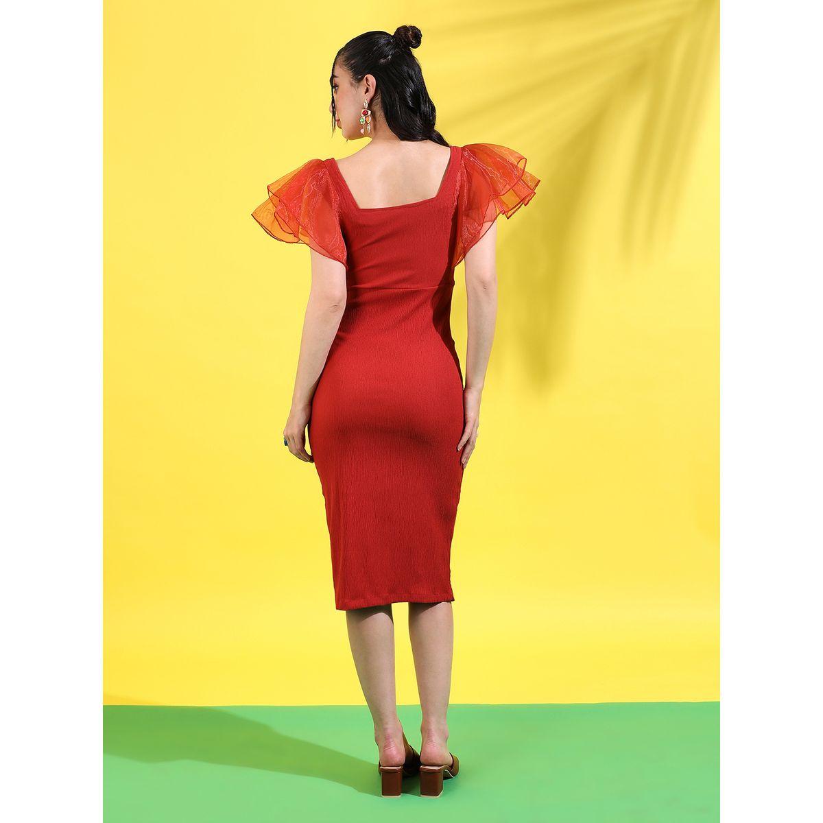 فستان ميدي ضيق باكمام اورجانزا وكشكش كامبوس سوترا × ستايلي-women-clothing-dresses-image-3