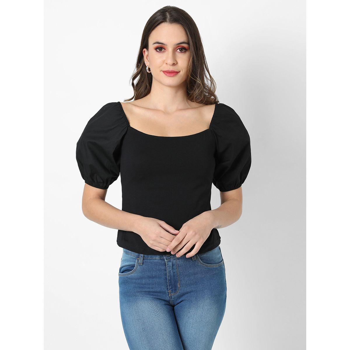Campus Sutra X Styli  Square Neck Crop Top with Puff Sleeves-women-clothing-shirtsandblouses-blouses-image-1