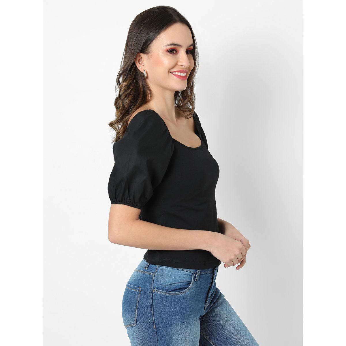 Campus Sutra X Styli  Square Neck Crop Top with Puff Sleeves-women-clothing-shirtsandblouses-blouses-image-2