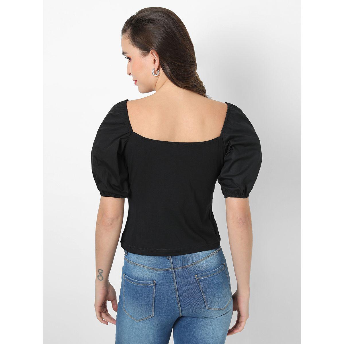Campus Sutra X Styli  Square Neck Crop Top with Puff Sleeves-women-clothing-shirtsandblouses-blouses-image-3
