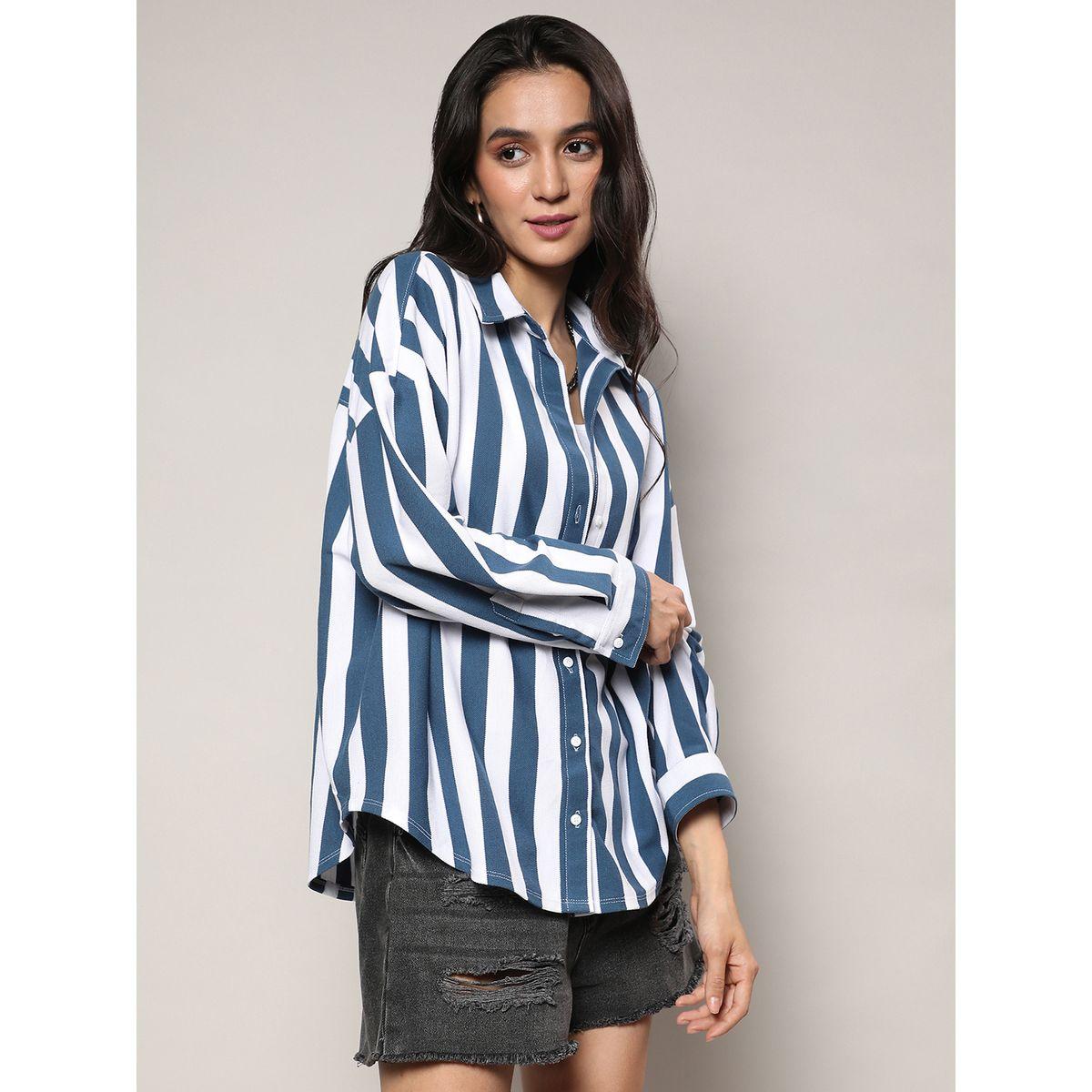 Campus Sutra X Styli  Striped Boyfriend Shirt with Dropped Shoulder-women-clothing-shirtsandblouses-shirts-image-1