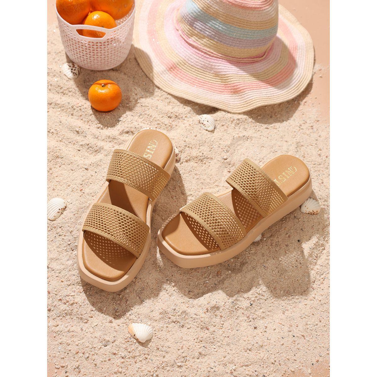 GNIST X Styli  Textured Double Strap Flatform Sandals-women-shoes-sandals-flats-image-1