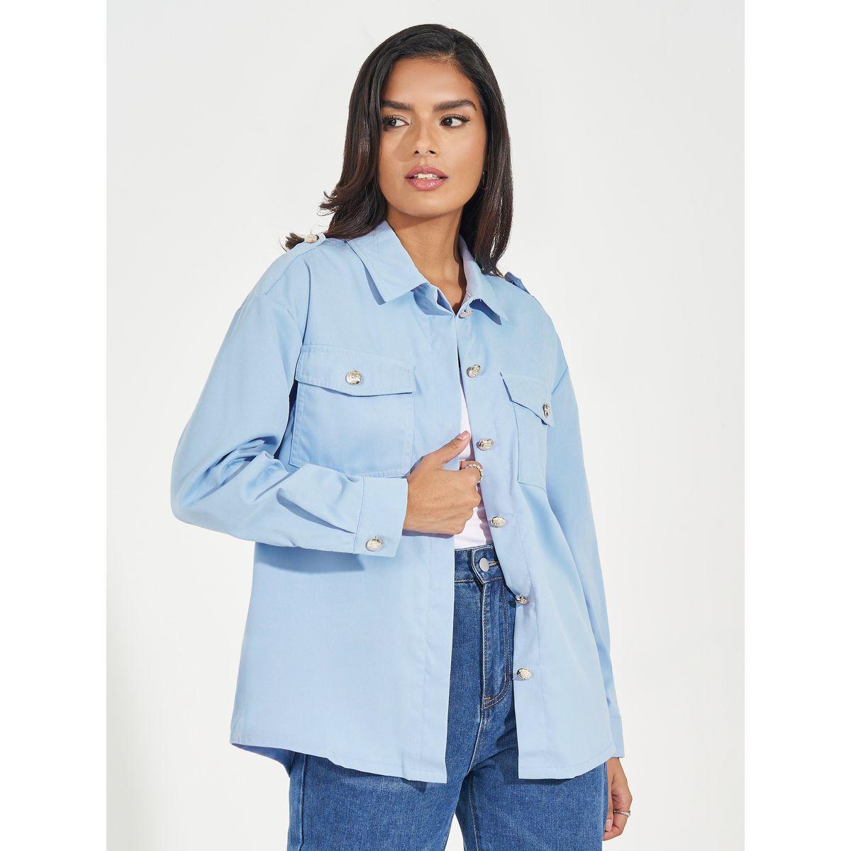 Styli Twill Oversized Shirt with Flap Pockets-women-clothing-shirtsandblouses-shirts-image-1