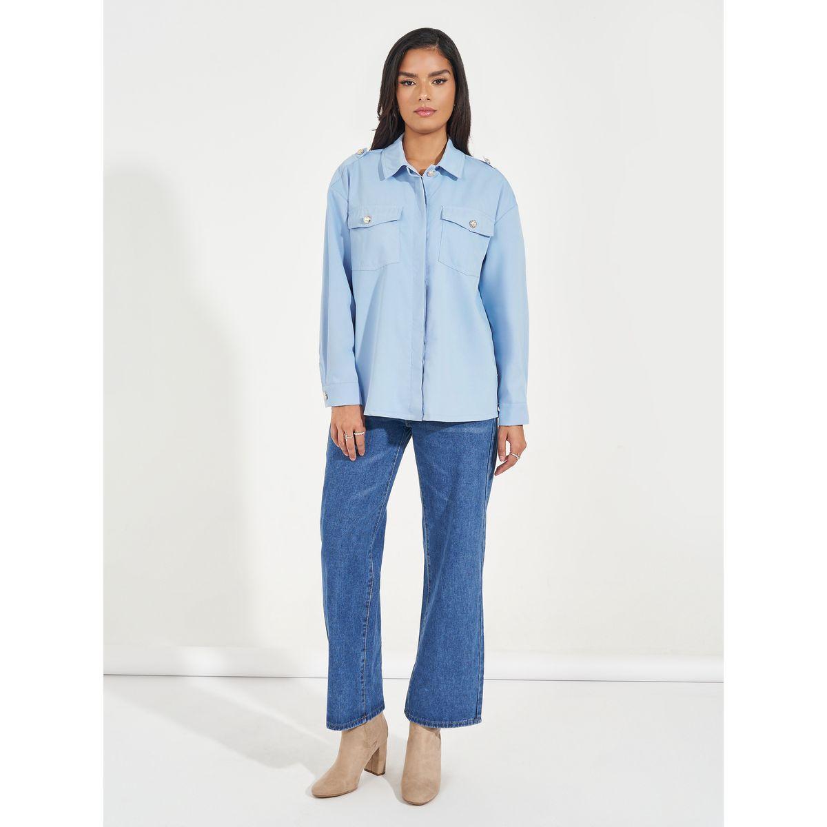 Styli Twill Oversized Shirt with Flap Pockets-women-clothing-shirtsandblouses-shirts-image-2
