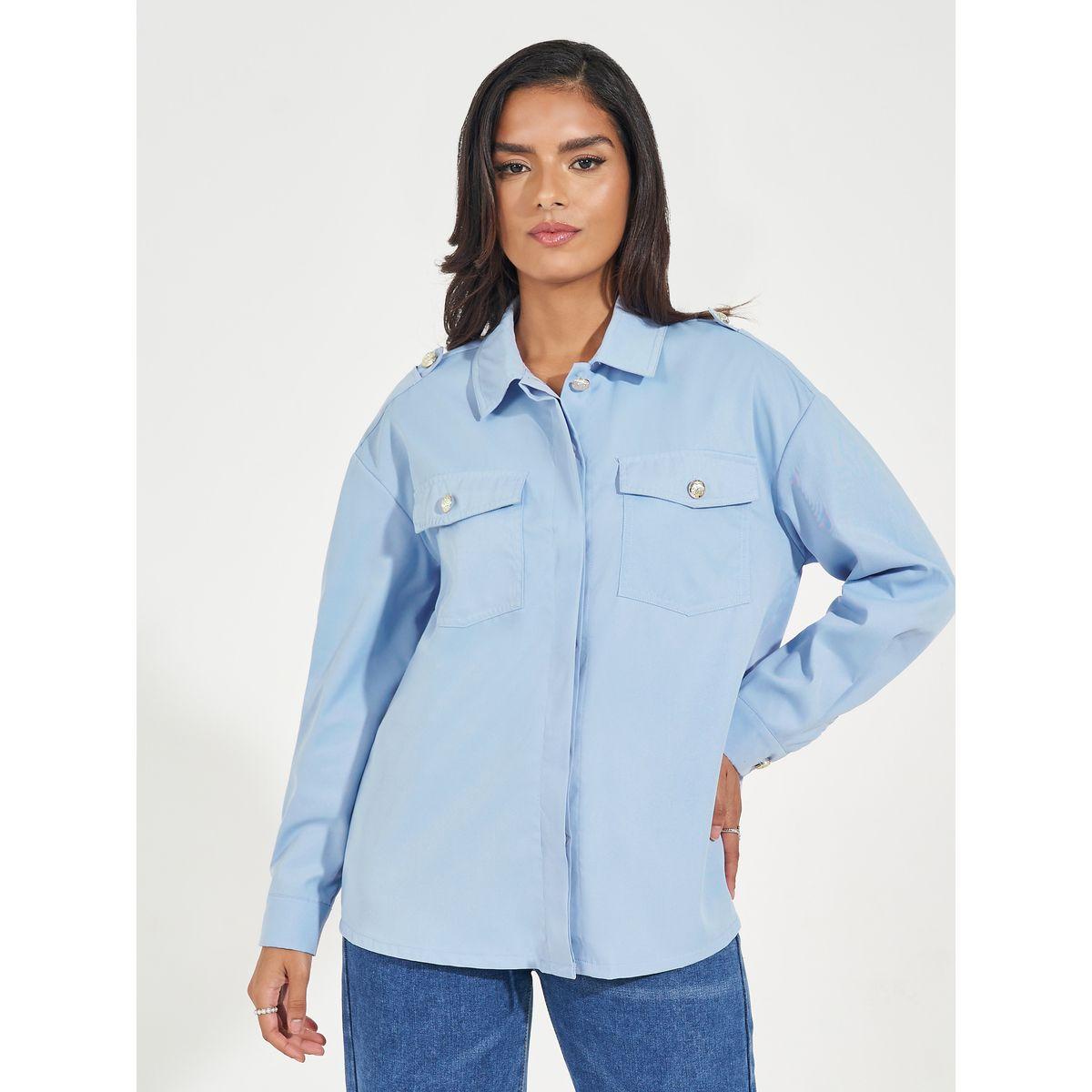 بلوزة فضفاضة بنسيج تويل مع جيوب بطية إغلاق-women-clothing-shirtsandblouses-shirts-image-3